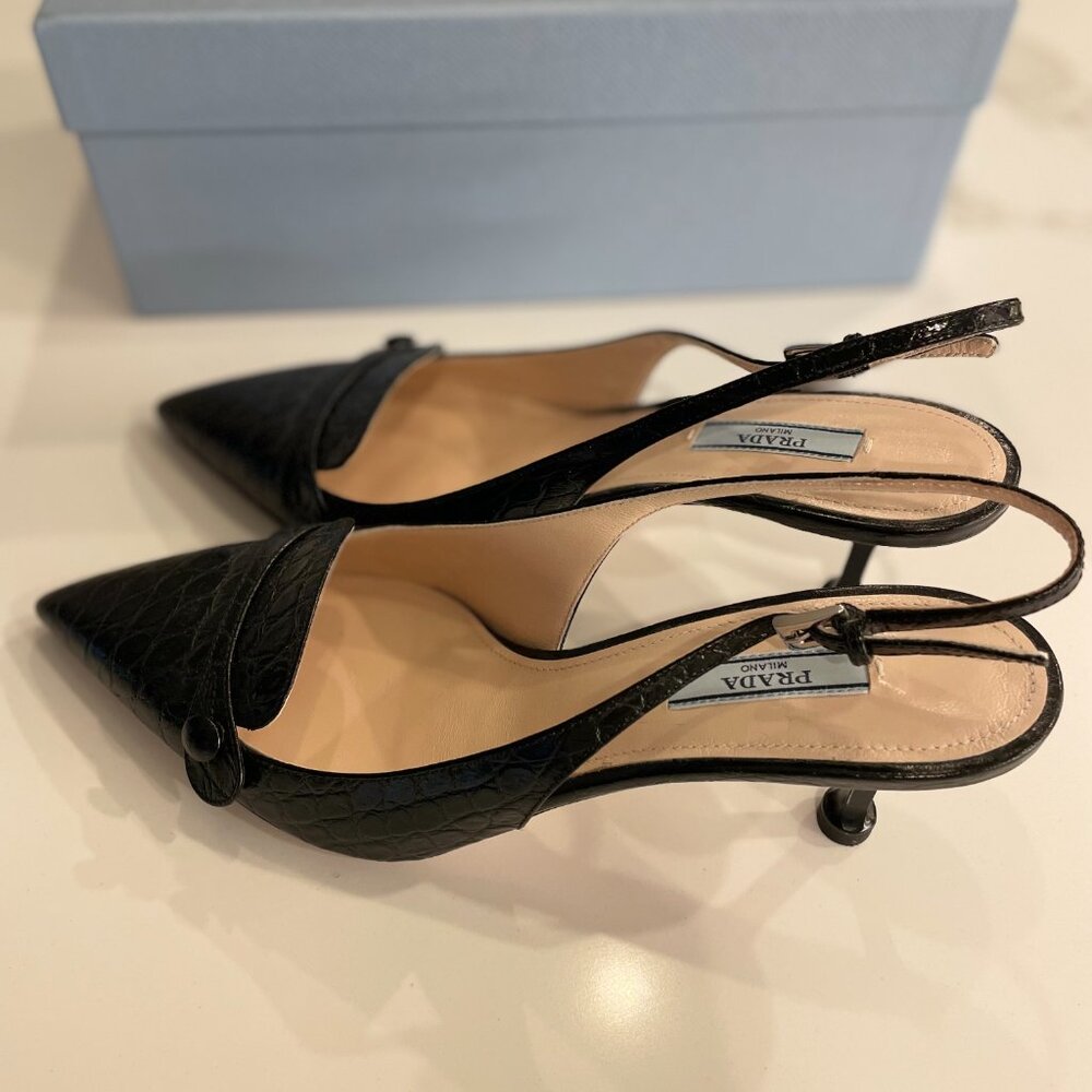 Prada Black Croc-Embossed Slingback Pointed Toe Heels with Button Accent - Picture 8 of 10